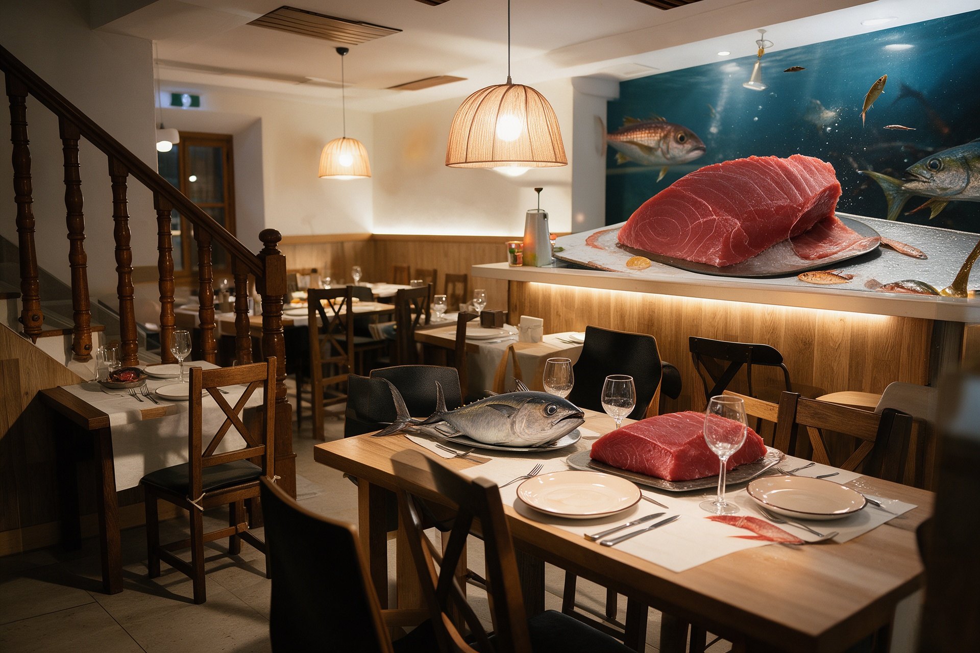 Interior moderno del restaurante TARANTELO con lámparas, mesas de madera y barra