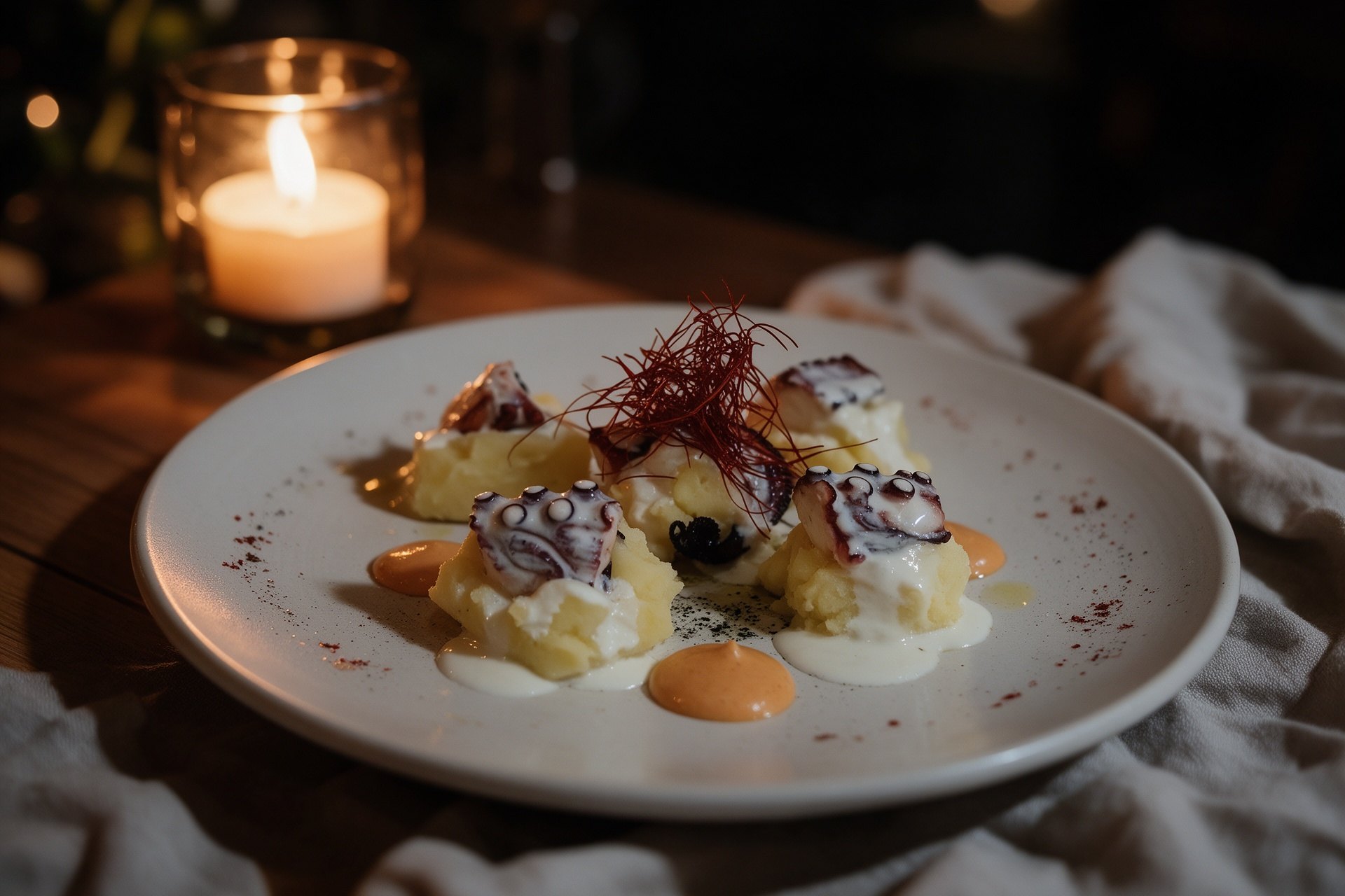 Plato de pulpo y patatas sobre la mesa con una vela encendida de noche