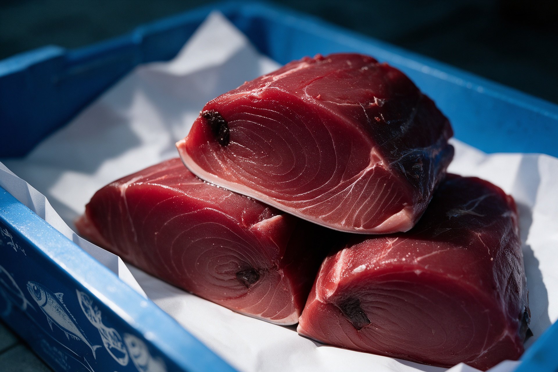 Cortes de atún rojo fresco en caja azul de pescado con carne roja y densa