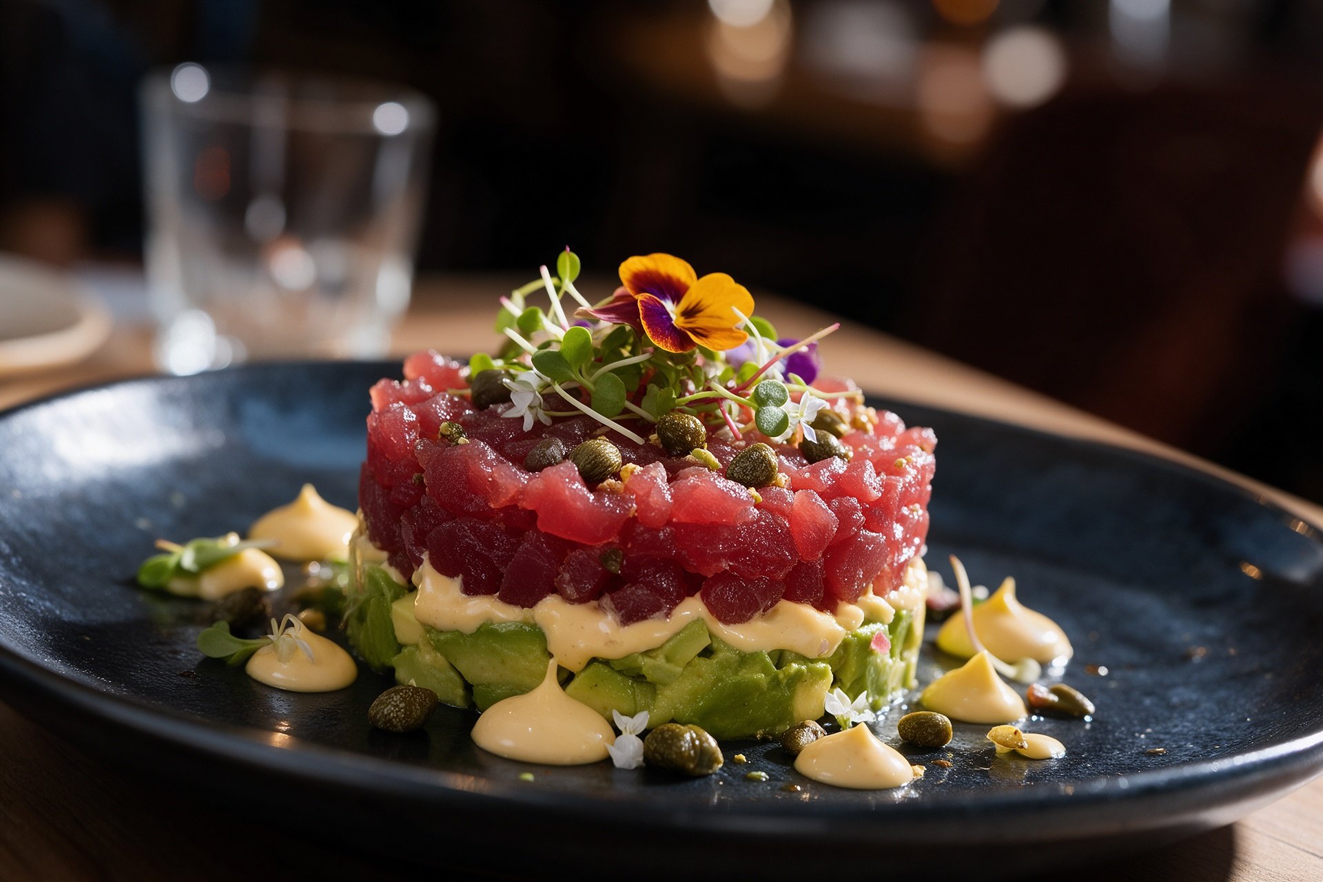 Tartar de atún rojo con aguacate, alcaparras y flores sobre plato oscuro