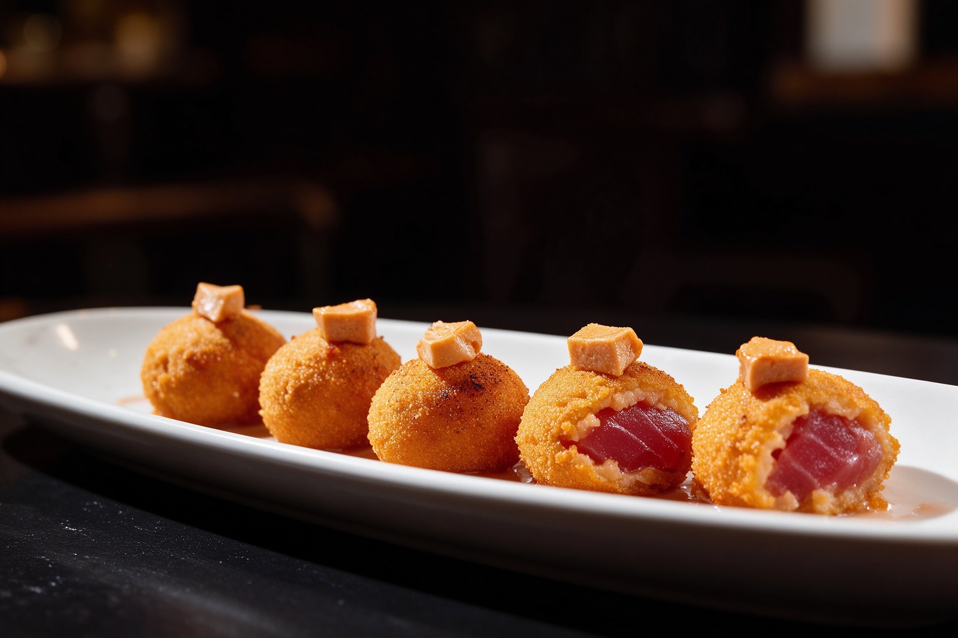 Cinco bocados dorados de atún frito en plato alargado con el relleno rojo a la vista